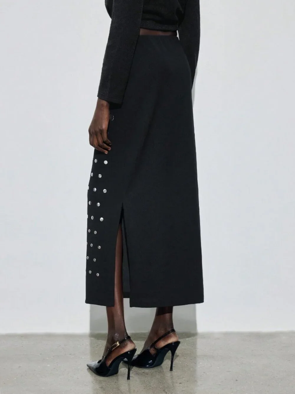 Black Elegant Studded Women's Straight Skirt